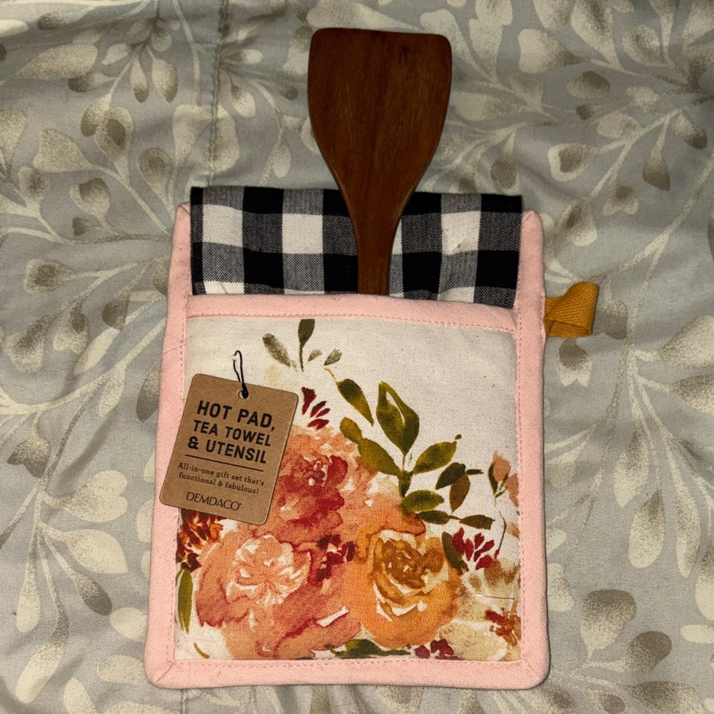 Demdaco Pink Trim Floral Hot Pad, Tea Towel and Wooden Spoon Gift Bundle NWT
